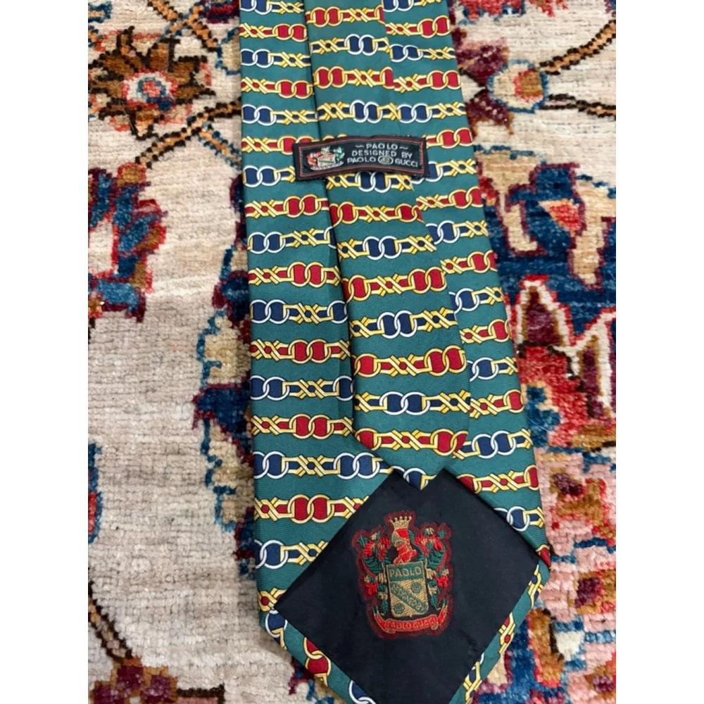 Paolo Gucci Vintage Silk Tie Italy Chain Print Green Red Gold Hand Finished